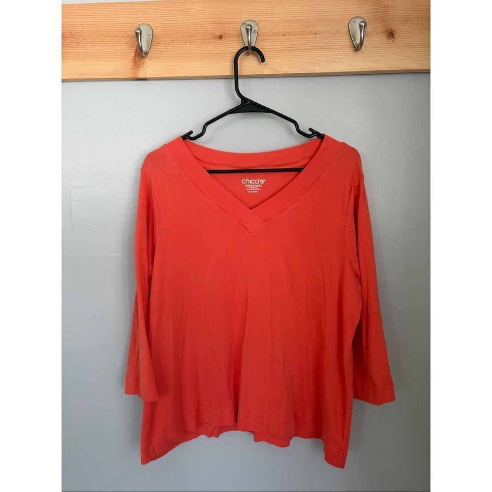 Chico’s Size 3 XL 100% Pima Cotton Coral Orange V-Neck Tee Shirt Classic Career